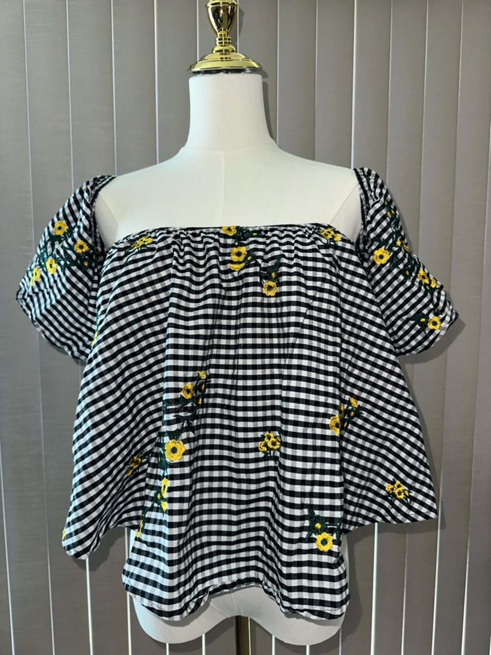 Black & White Gingham Off-Shoulder cotton Top with Yellow Floral Embroidery